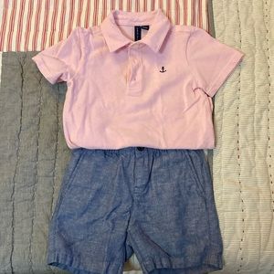Janie and Jack pink nautical polo shirt and cotton blue linen like shorts.